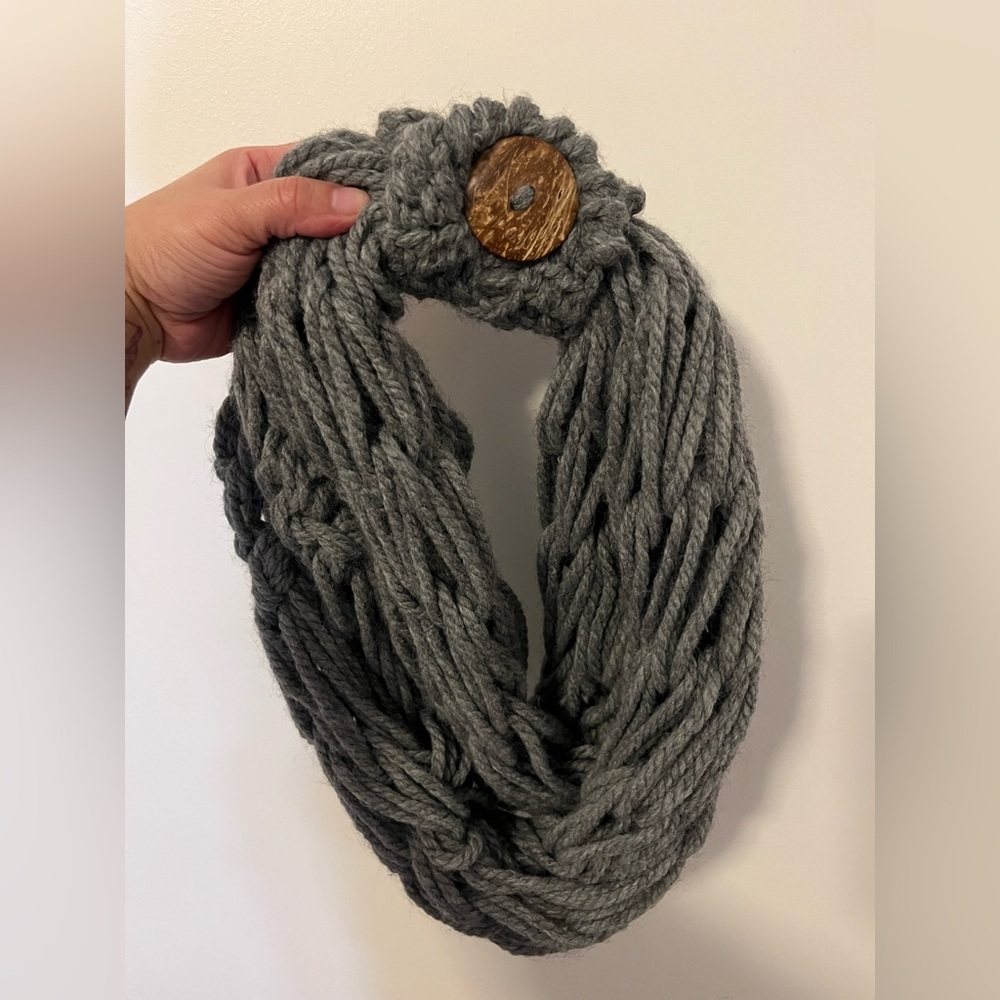 Handmade Chunky Gray Knit Scarf Wrap with adjustable “band”
